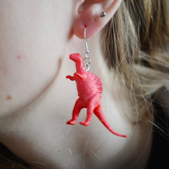 Red Spinosaurus Dinosaur Statement Earrings - Picture 2 of 5